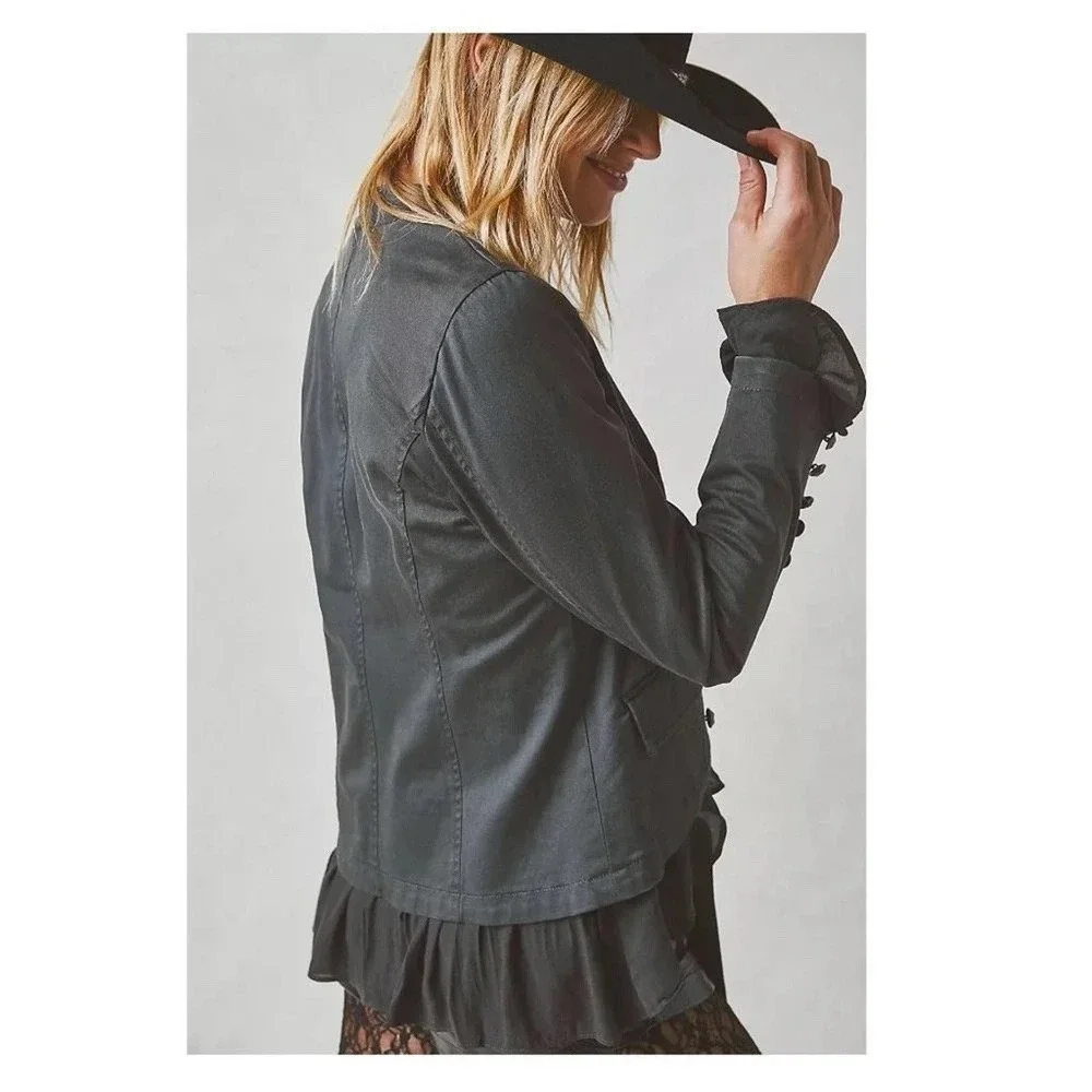 NWT Free People Ruffles Romance Military Jacket Washed Black L Trendy Festival